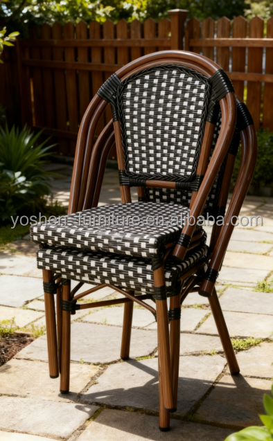 Commercial Use French Style Woven Rattan Chair Black White Checkered Patio Dining Chair for Cafe Restaurant Hotel