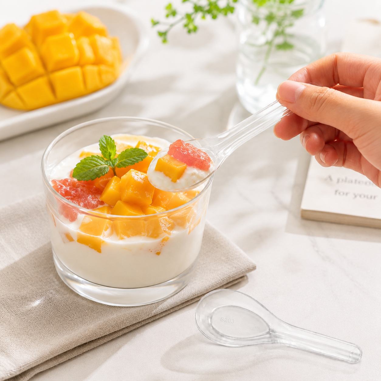 S203 Mini Round PP Food Tasting Spoon for Condiments Samples Dessert Cups
