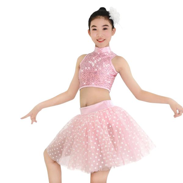 Two Piece Dance Performance Outfits Sequins High Neck Sleeveless Top and Tutu Skirt Competition Dress
