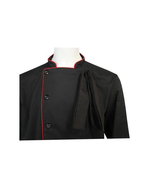240G Black Chef Jacket Long Sleeve Polyester 65% Cotton 35% With Red Pipings
