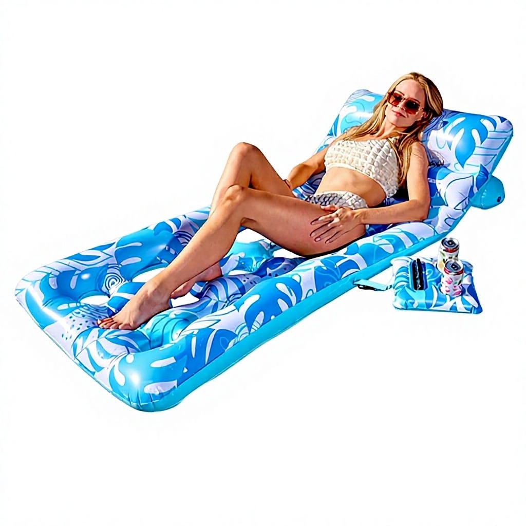 Cross-border PVC Inflatable Raft Cup Holder Backrest Hollow-Design Floating Bed Tropical Leaf Patterned Beach Water Mattress