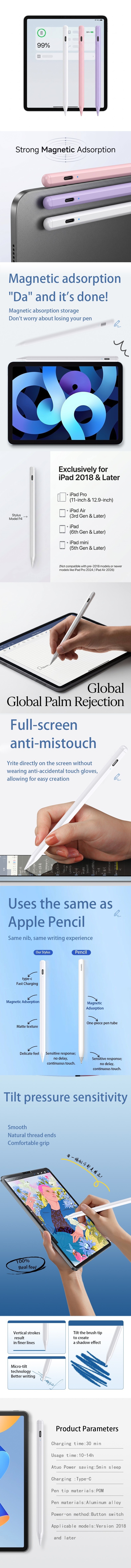 Bluetooth Smart Stylus for iPad Aviation Aluminum Minimalist Matte Professional Drawing Note-taking OEM Custom Logo Pencil P4
