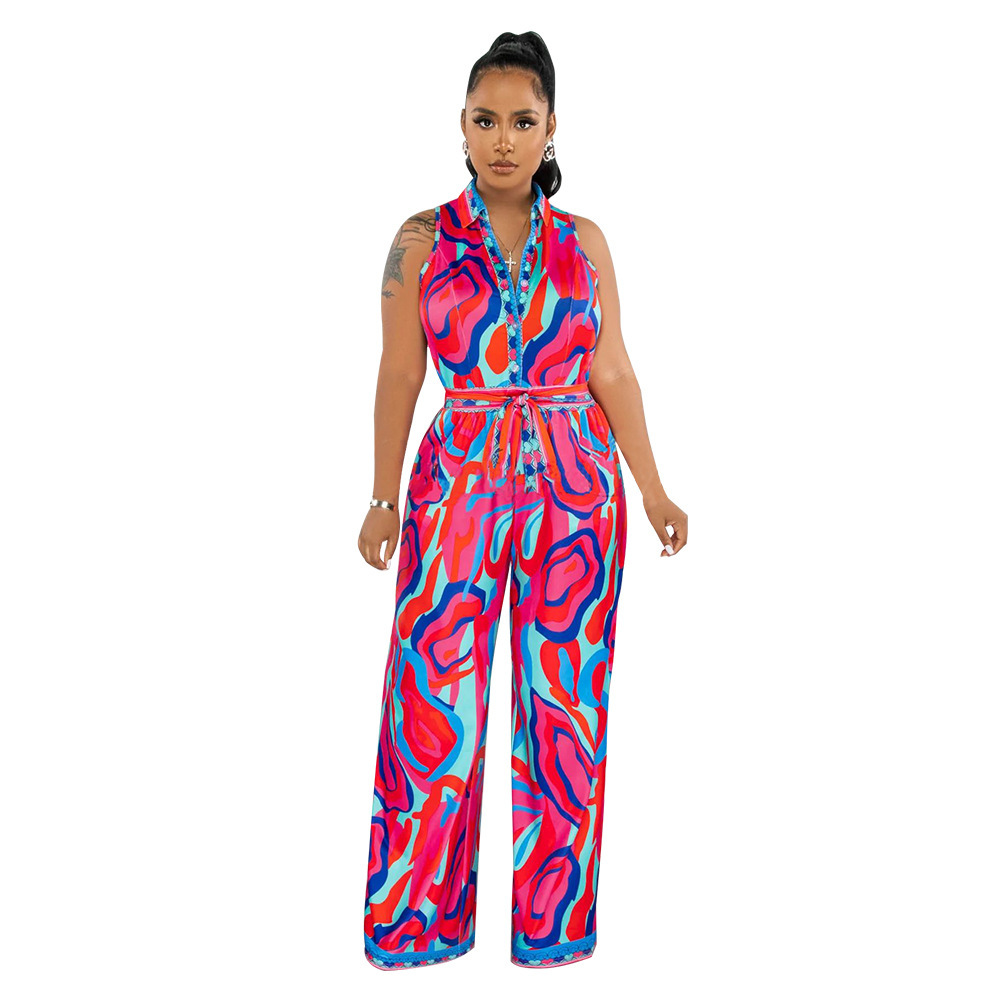 Printed Sleeveless V-neck Wide-leg Jumpsuit for Women - Summer Fashion Romper