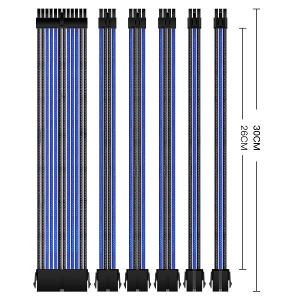 Extension Cord 24 Pin 4+4Pin GPU PCI-E 6+2 pin 6pin  Extension Power Cable Kit Sleeved PSU Cable with Cable Comb Black Blue