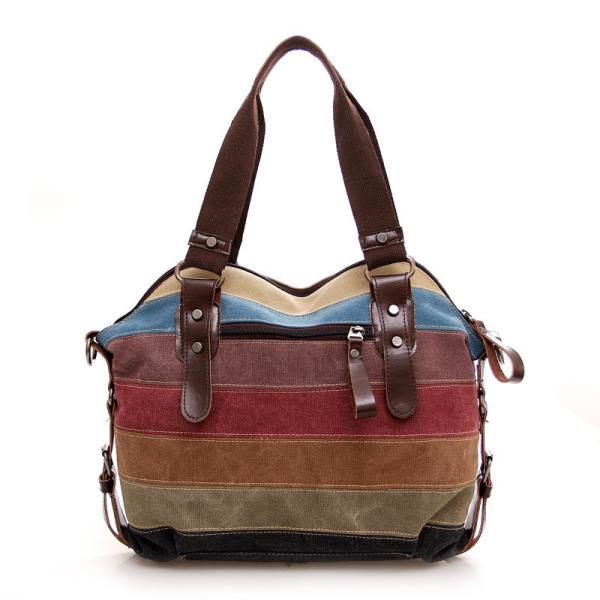 TREND NEW RAINBOW STRIPED CANVAS BAG FASHION PATCHWORK WOMEN'S BAG WATER WASH CLOTH BAG