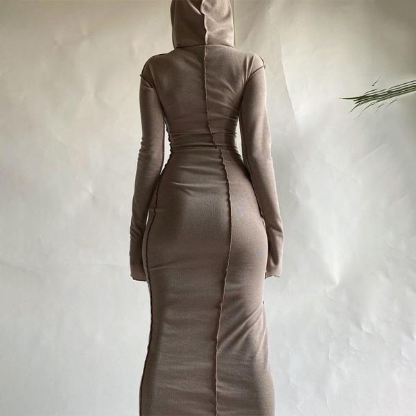 Casual Slim Fit Anti Wear Long Sleeve Hooded Maxi Dress For Fall Winter