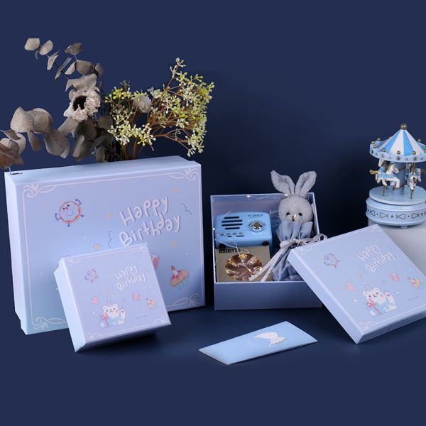 Birthday Gift Box Set Cartoon Ins Style Packaging Light Blue Pink Options Bear Bunny Theme for Boys and Girls
