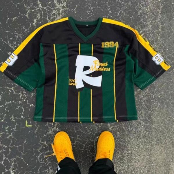 Embroidery Print Logo Oversized Streetwear T Shirt Mesh V Neck Football Jersey T Shirt