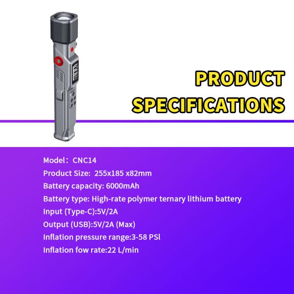6000mAh Portable Tire Inflator with High-Intensity LED Flashlight and Portable Power Bank