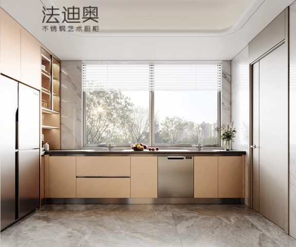 Armoire de cuisine Fadior en acier inoxydable - Ton beige, agencement en îlot, quincaillerie de qualité supérieure et rangement personnalisé