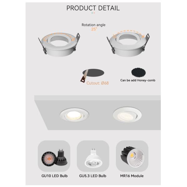 MR16 Waterproof Recessed Light Housing Cutout 68mm Anti Glare Angle Adjustable