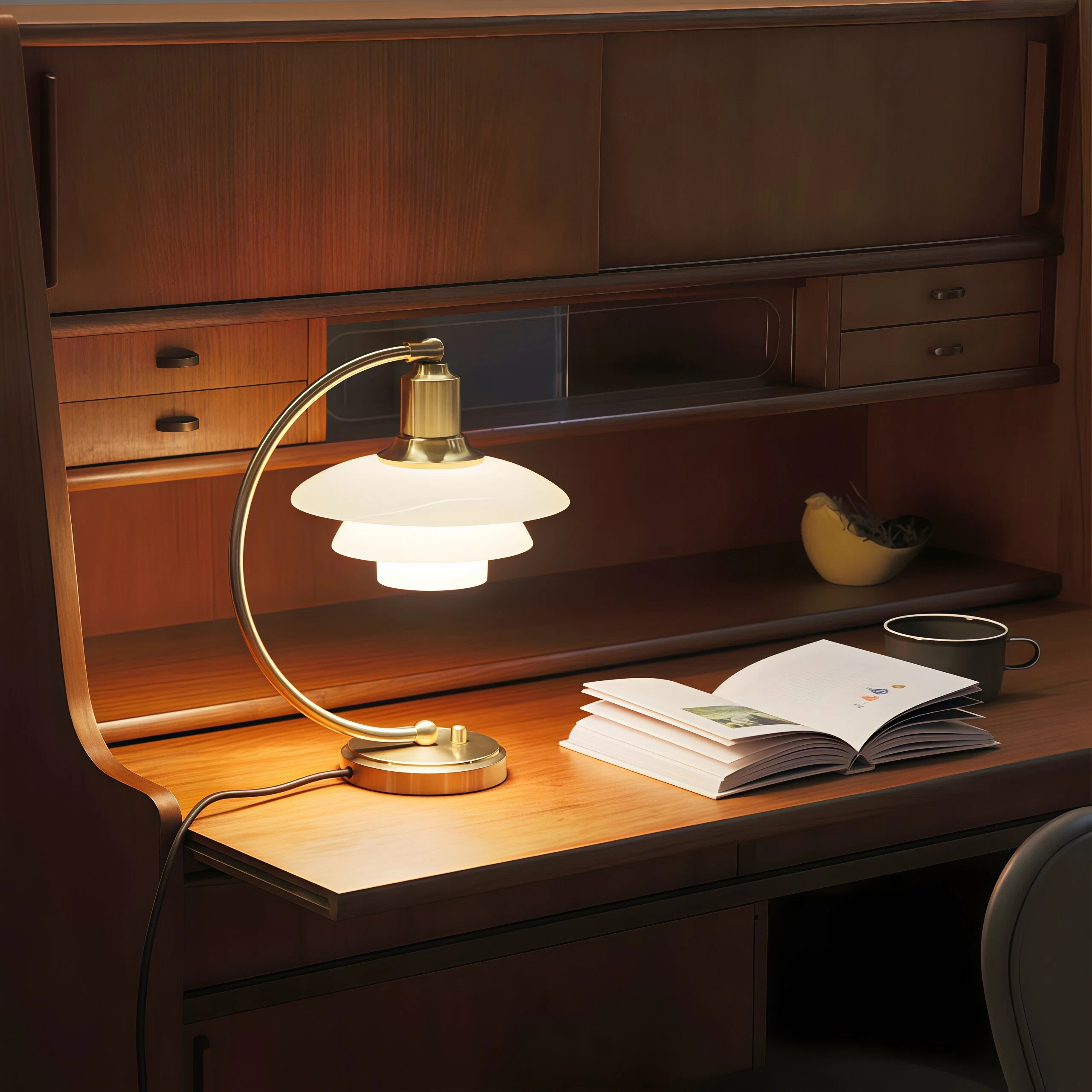 JYLIGHTING Retro Metal & Opal Glass Table Lamp, Adjustable Task Desk Light with Dimmer for Home Office & Bedroom