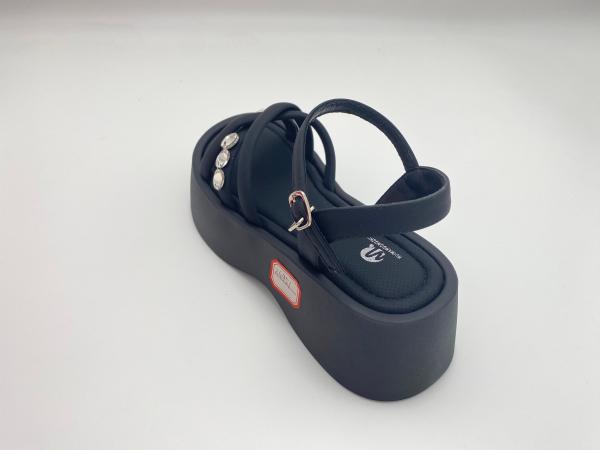 Women black bottomed sandals with rhinestone genuine leather in summer