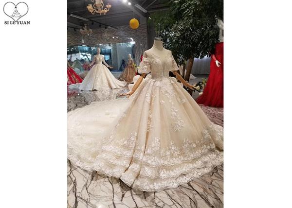 Female Princess Grace Wedding Dress Half Sleeve Beaded Net Three Layer Lace Tail