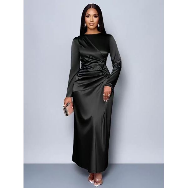 Elegant Evening Gown with Sleek Satin Finish, Flattering Fit & Gathered Waist, and High Slit Option for Weddings and Prom