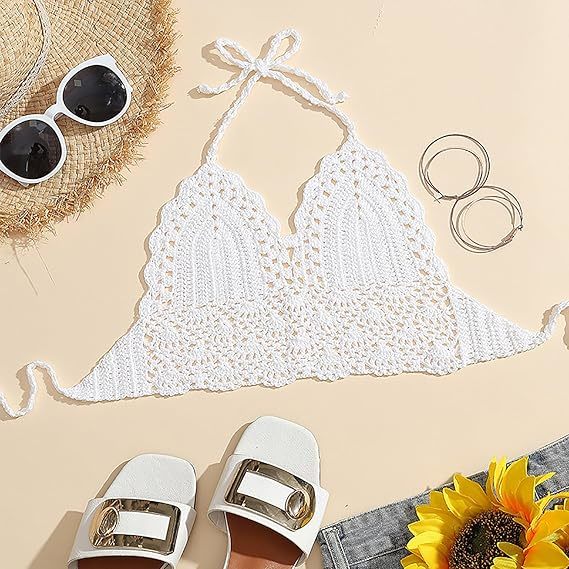 Women Summer Beach Crochet Top Bralette Knit Bra Bikini Crochet Halter Tops for Women Backless Camisole Knit Bra Tops Bralette Summer Beachwear
