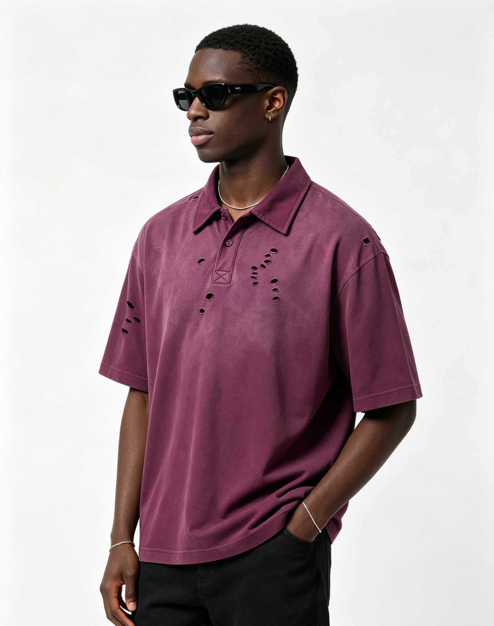 275GSM 100% Cotton Vintage Acid Wash Distressed Polo T-Shirt, Oversized Drop Shoulder Streetwear Blank Polo Tee for Bulk Wholesale