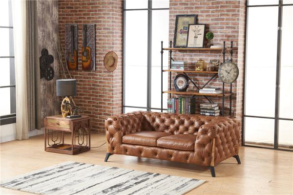 Home Furniture Tan Brown Soft Genuine Leather Sofa Set With Multi Deep Buttons