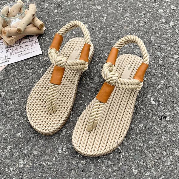 Y-Z Summer Fashion Open Toe Flip Flops Sandal Bohemian Beach Casual Large Size Women Roman Grass Woven Thong Sandals