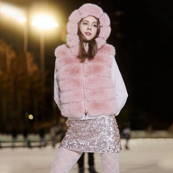 HONGJUN Furever Faux Fox Fur Hooded Waistcoat