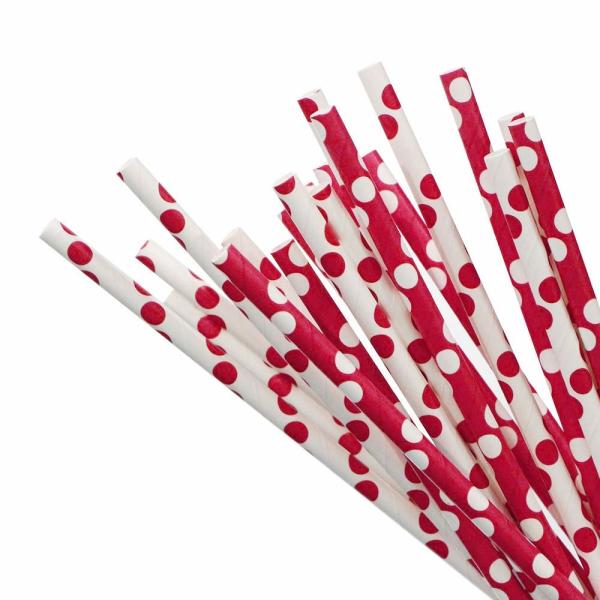 Whie And Red Polka Dot Paper Straws 7.75 Inches Long 0.25 Inches Diameter