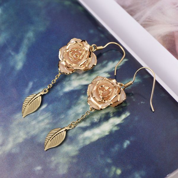Rose Earrings 24k Gold Dipped Roses Gifts Valentine Day Holiday Everlasting Flowers
