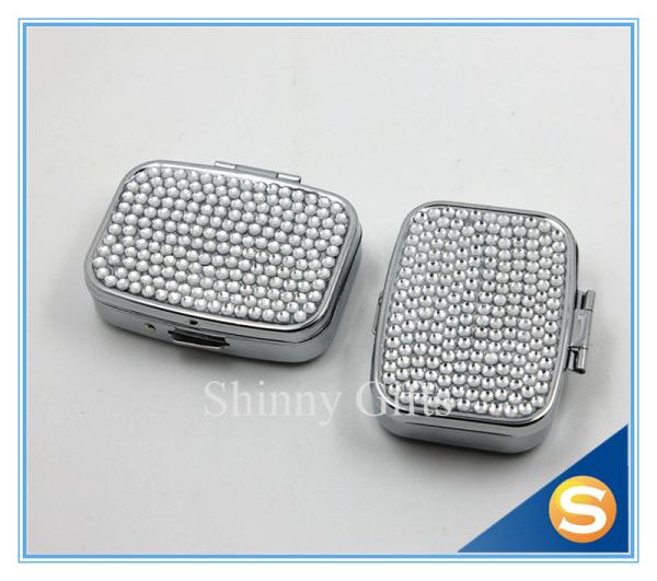 Shinny Gifts Silver Plating Diamond Design Metal Pill Box Traveling Pill Box for Promotional Gifts