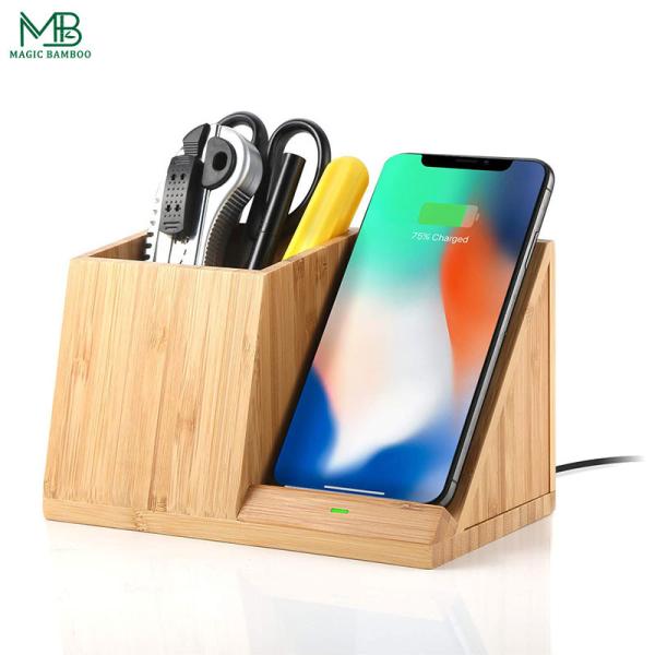 Bamboo Mobile Phone Wireless Charger With Pen Holder Simple