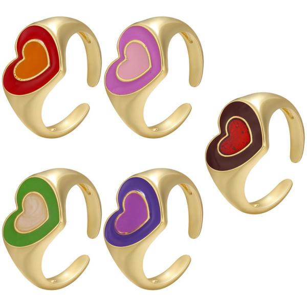 Summer Jewelry 14k Gold Plated Rings Open Adjustable Colorful Enamel Double Heart Chunky