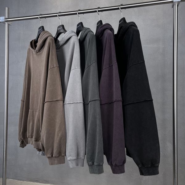 2025 Unisex Winter Pullover Hoodie 100% Cotton 370gsm Oversized Solid Acid Washed Comfort Fit