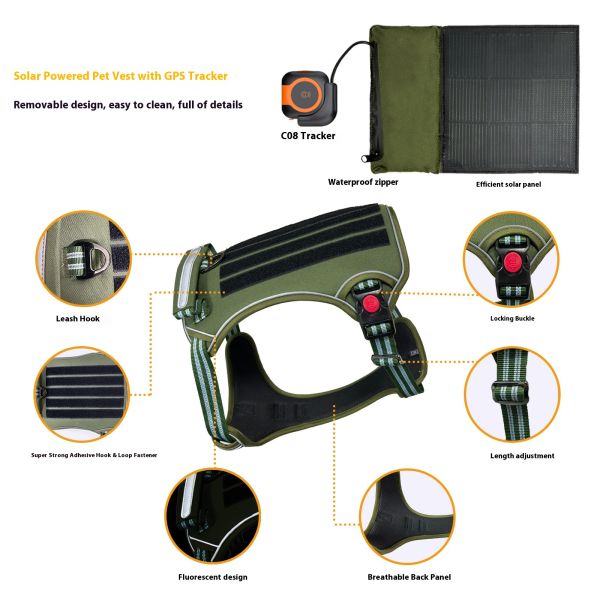 Solar Powered Rechargeable Pet GPS Tracker with GPRS Real-Time Tracking IP67 Waterproof Outdoor Dog Health Monitor Nylon Collar