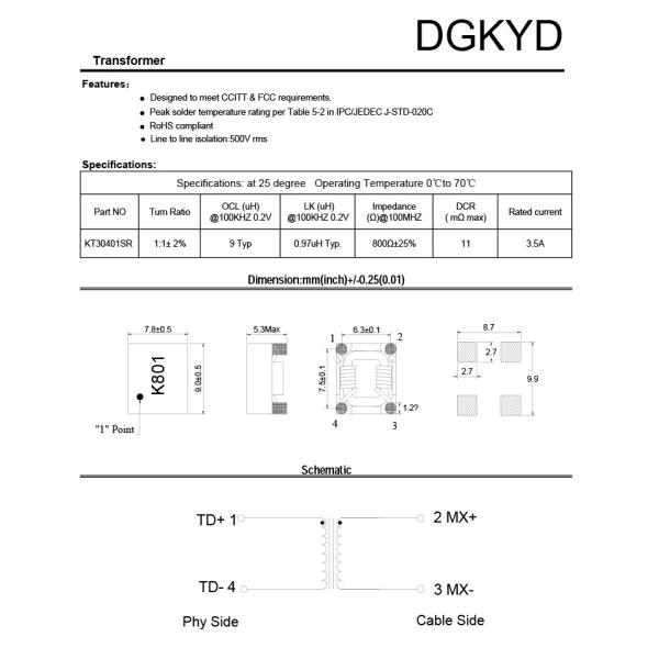 Локальные сети трансформатора локальных сетей KT30401SR 100BASE-TX быстрые фильтруют ПОГРУЖЕНИЕ 4PIN