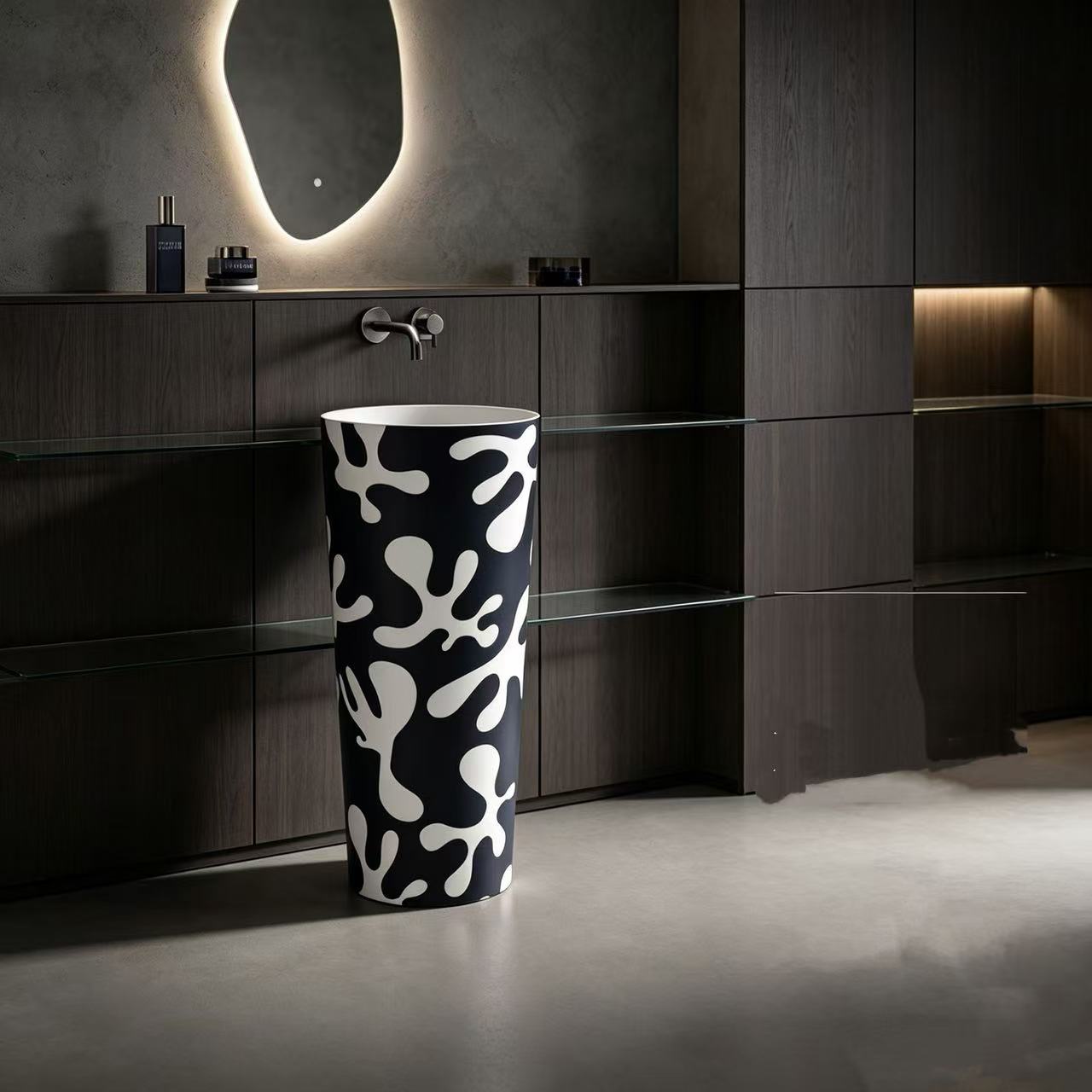 Black White Graffiti Space Saving Pedestal Sink Travertine Textured 420mm