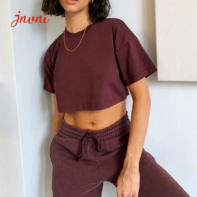 Parte superior curto da colheita da ioga da luva das camisas do Gym das mulheres do fato 200gsm do exercício