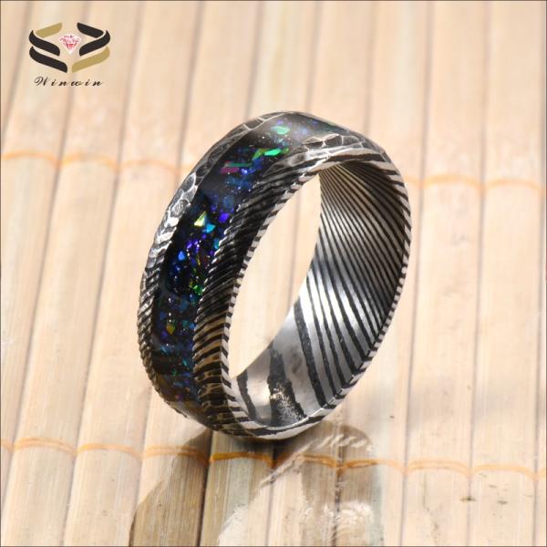 Anillo de boda de acero de Damasco de 8 mm, galaxia ópalo con incrustaciones para hombres