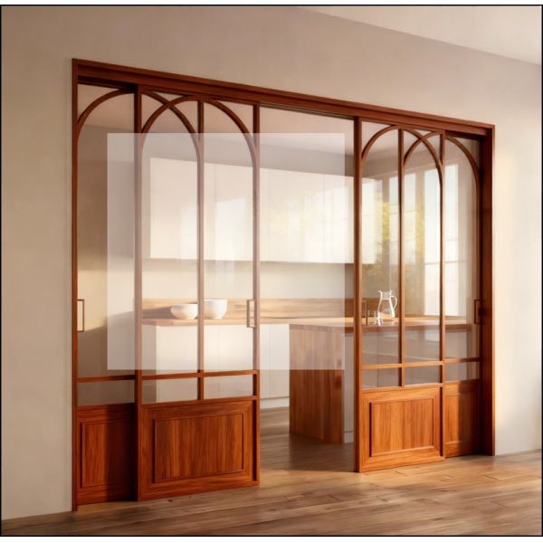 French Retro Walnut Wood Triple Sliding Door with Titanium-Magnesium Alloy Frame for Kitchen, Balcony, and Living Room