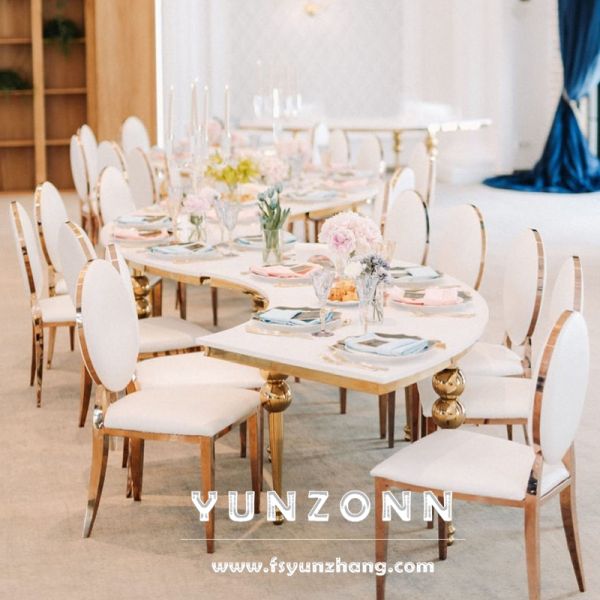 Modern S-Shape Dining Table Chair Set Restaurant Wedding Glass Metal Hotel Furniture for Outdoor Hall Use