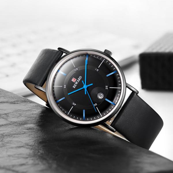 SGS Mens Leather Strap Watches 2.5D Mineral Glass Three Hand 3 Atm Water Resistant