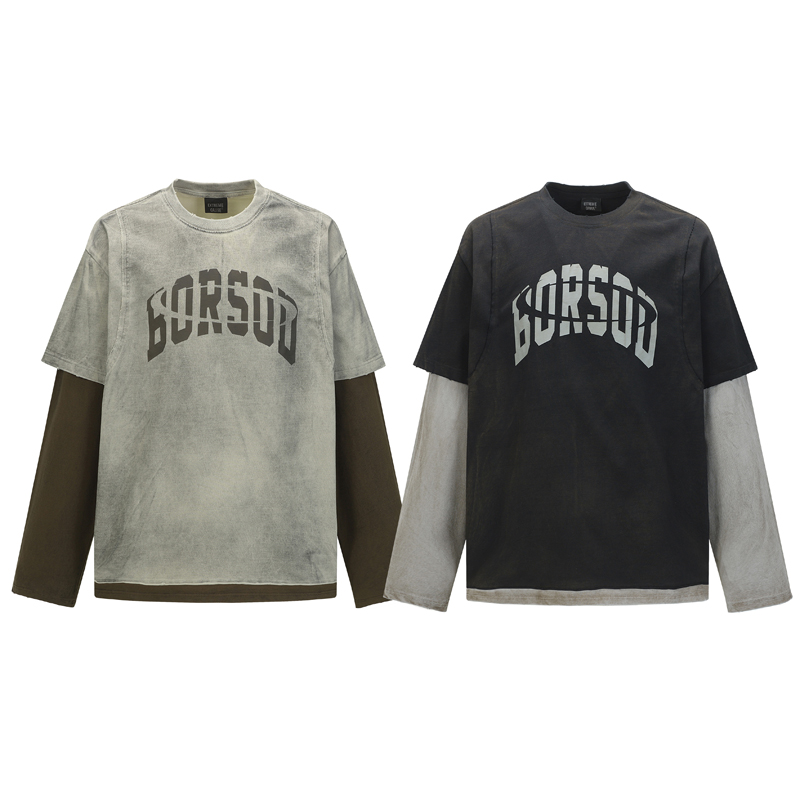 Customen Retro Washed Worn Dirty Dyed 100% Cotton Oversized Two-Piece Long-Sleeved T-shirt Letter Pattern Spring Unisex