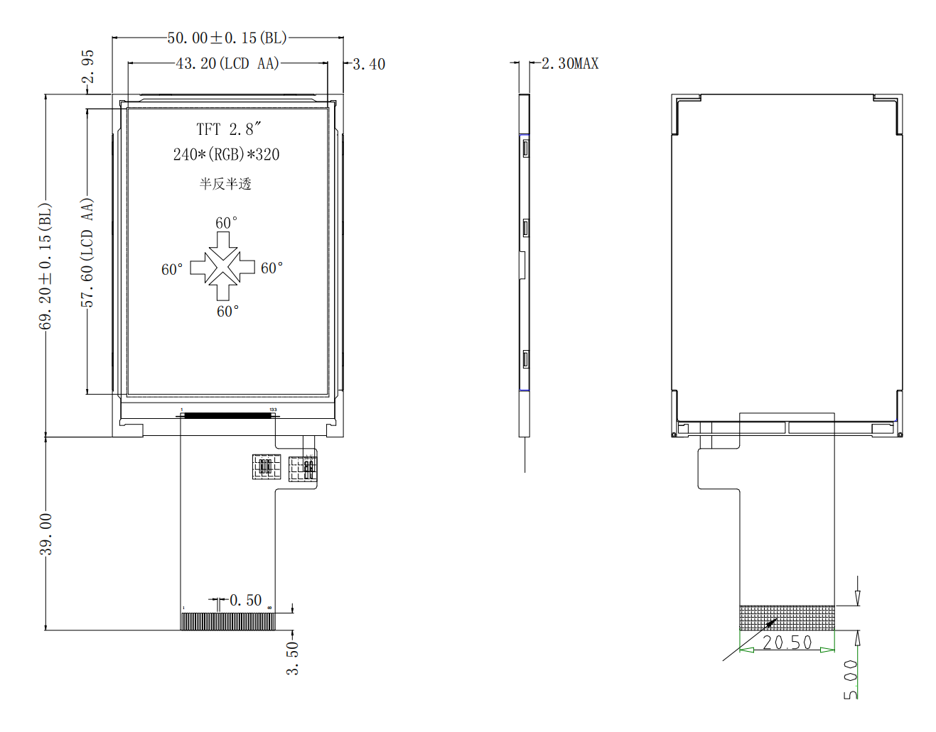 2.8-Inch Transflective TFT LCD Display Module | 240x320 Res MCU/SPI | ST7789T3 300 cd/m² | Outdoor & Industrial Use