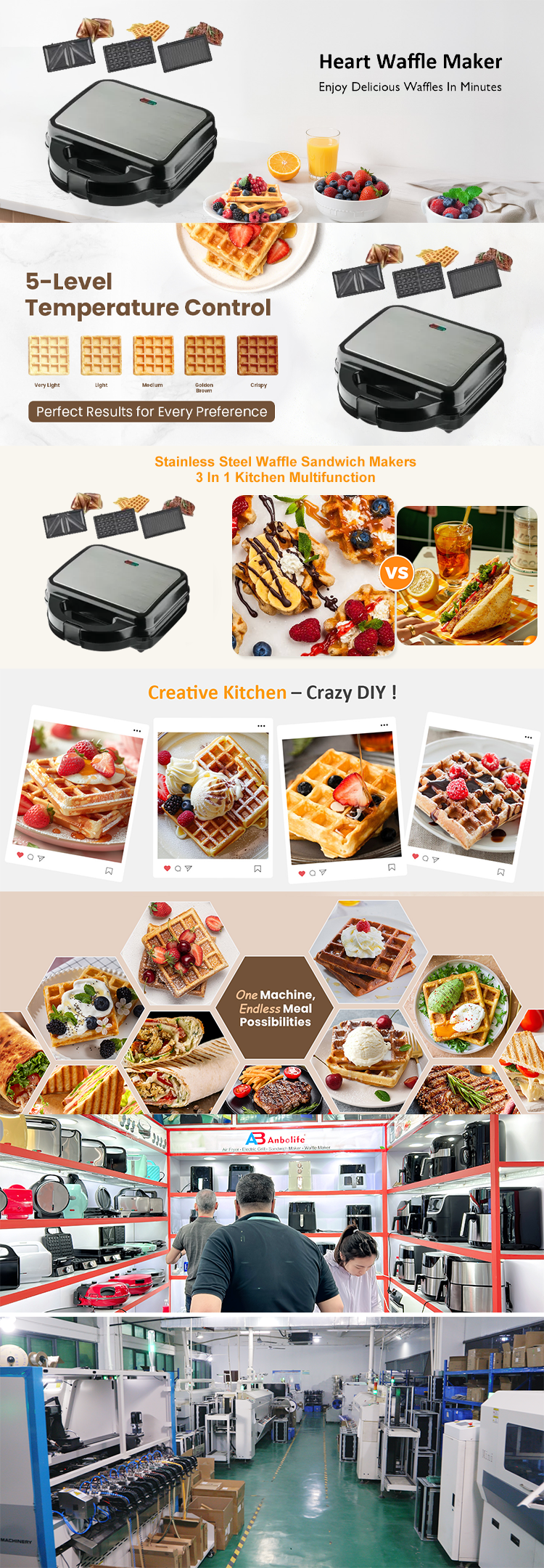 Stainless Steel 3 In 1 Waffle Sandwich Maker Kitchen Non Stick Plates