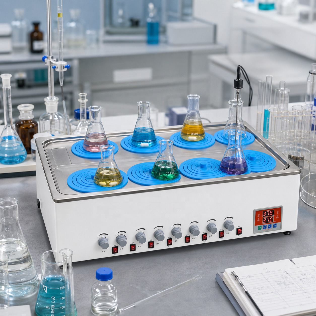 Cenlee OEM 8-Position Magnetic Stirring Water Bath 100°C 1500W for Laboratory Sample Mixing Chemical Research