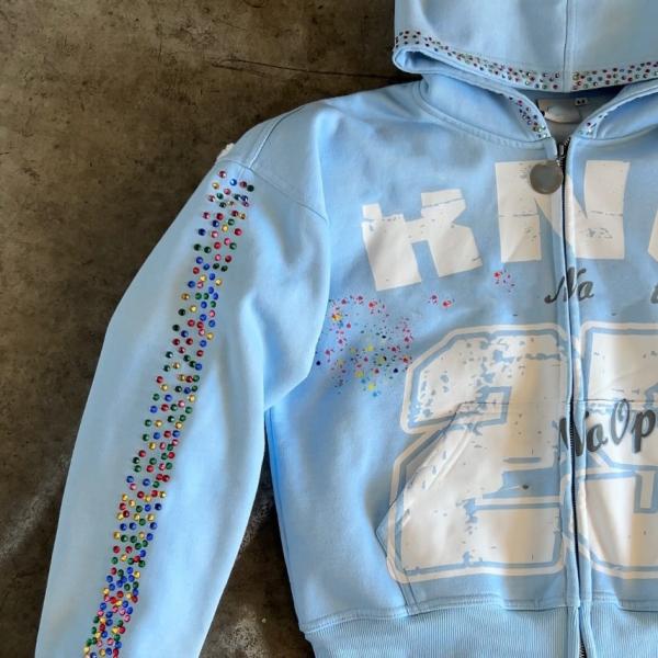 Custom Women Men Unisex 100% Cotton Heavyweight 500 Gsm Silk Screen Printing Oversize Boxy Zip up Rhinestone Hoodie