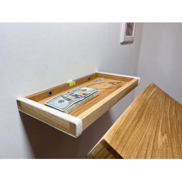 Floating Secret Compartment Shelf Description for Organizing Valuables in Rustic Oak