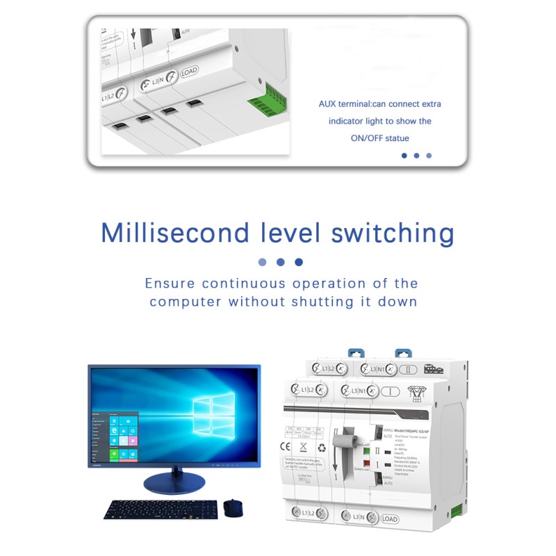 2P 230V ATS Changeover Device Dual Power 80A Din Rail PC Type Automatic Transfer Switching