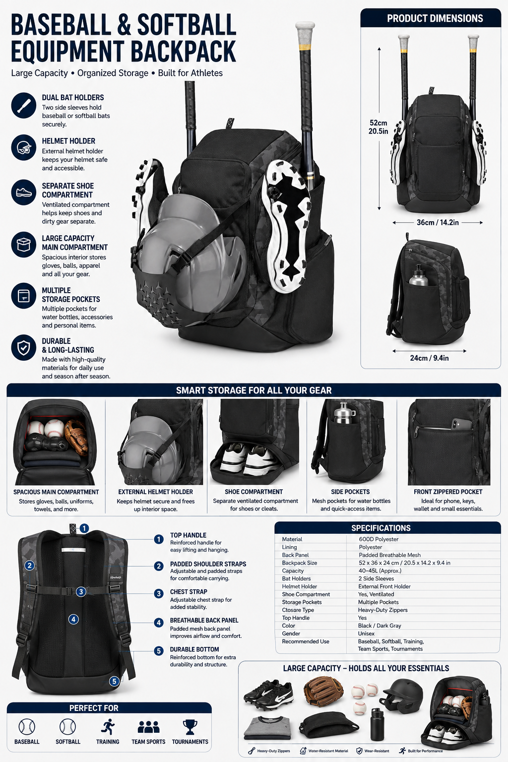 Baseball & Softball Backpack with Bat Holders, Large Equipment Bag for Bats, Gloves, Helmet & Sports Gear