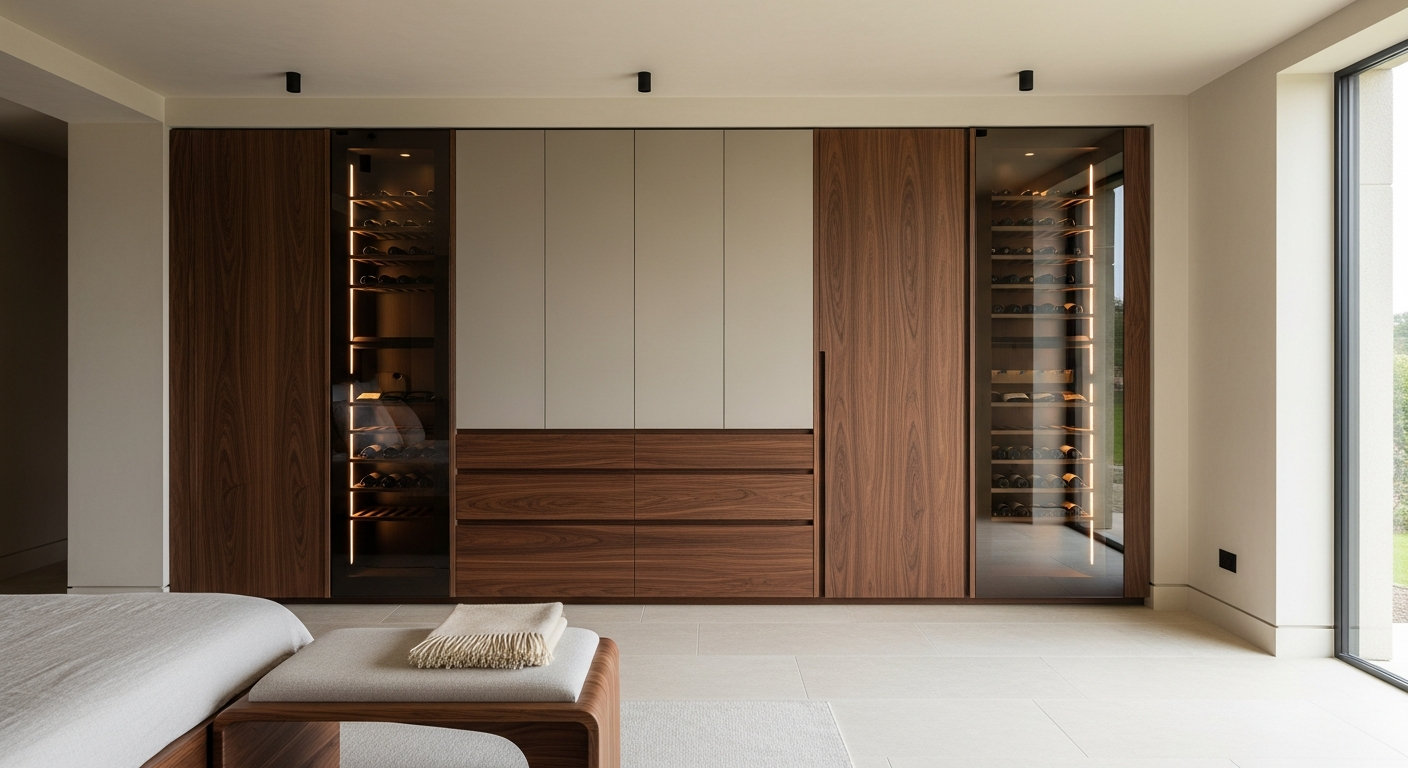 Hotel Walnut Wine Reserve & Climate Cabinet in 304 Stainless Steel