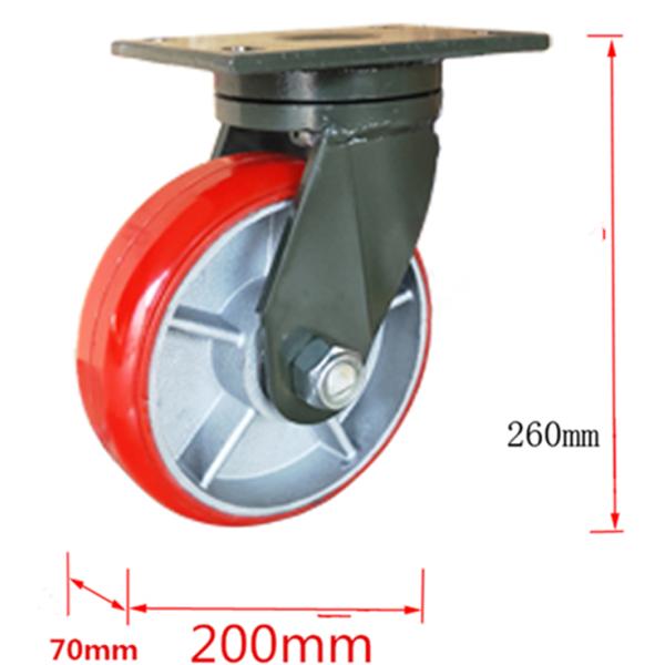 2 Tons 2000kgs 8'' Red PU Polyurethane Wheel With Cast Iron Caster