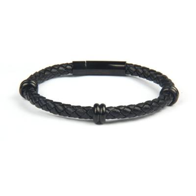 Stainless Steel Men's Charm Bracelet Black Plating Braided Leather Wrap