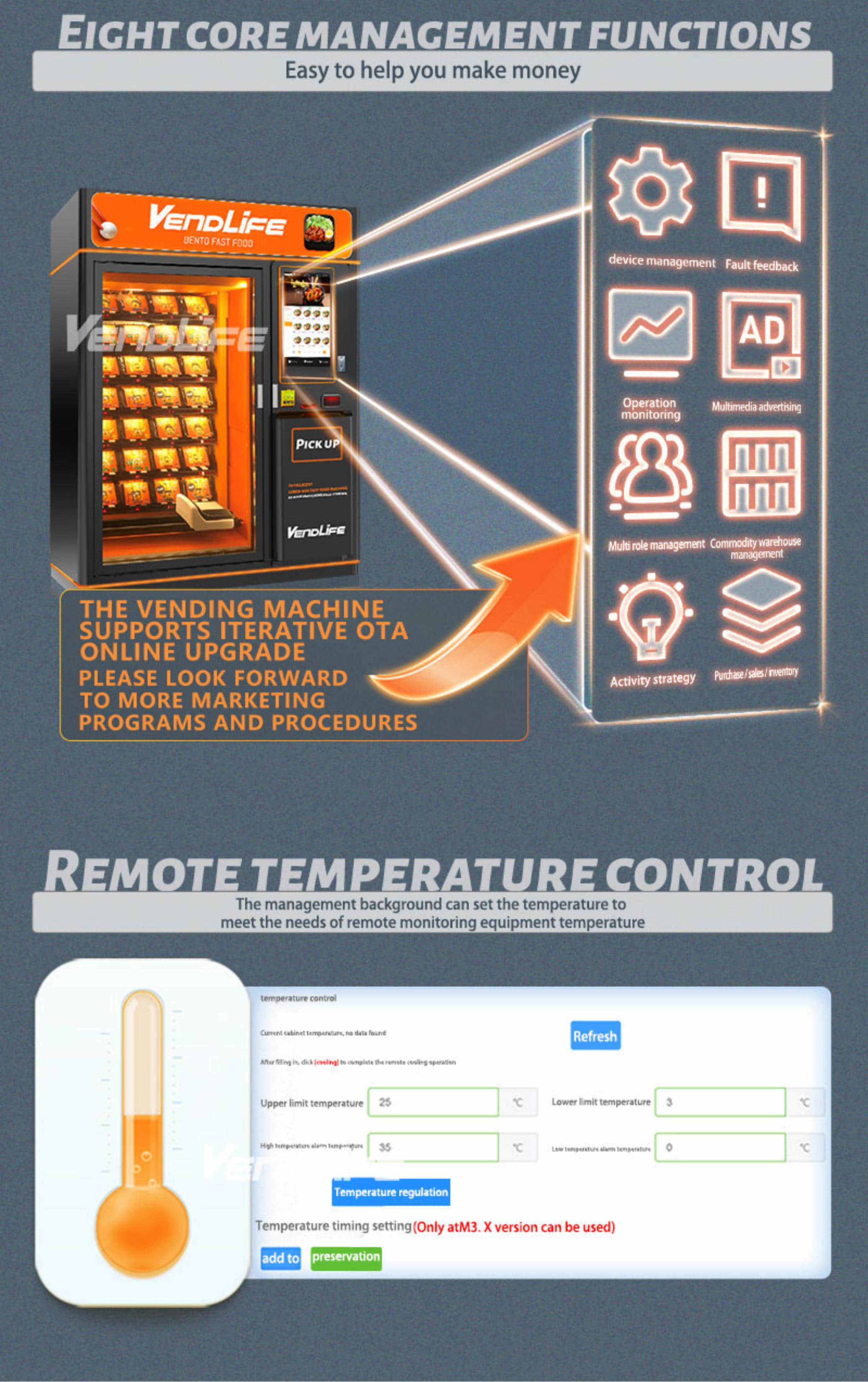 Premade Intelligent Micro Supermarket  Commercial Hot Cold Refrigerated Bento Vending Machine Elevator Track Automatic Pizza Dumpling Food Vending Machine With 32 Inch Touch Screen Remote Temp Control
